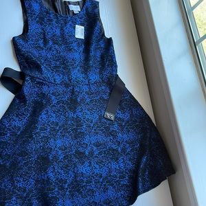NWT blue metallic dress with black lace overlay